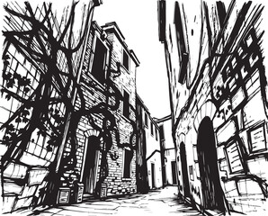 Gloomy urban alleyway, back streets. Hand drawn vector illustration