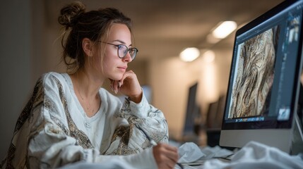 Young woman working on creative project at computer in studio