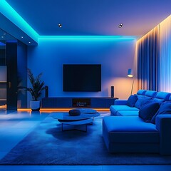 Modern and stylish interior design of a living room illuminated by ambient lighting photo