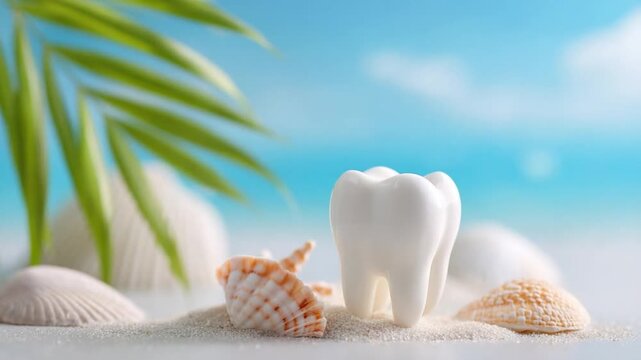 Tooth and seashells on beach with palm leaves