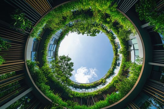 Verdant spiral courtyard, looking up