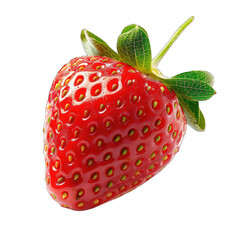 Close-up of a single, ripe strawberry.  Bright red, glossy skin with tiny seeds.  Green leaves and stem attached.  Isolated on black background