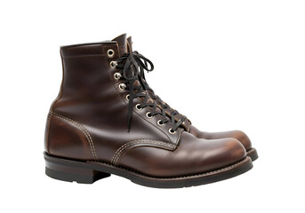 Pair of Brown Leather Work Boots with Black Laces and Silver Eyelets.