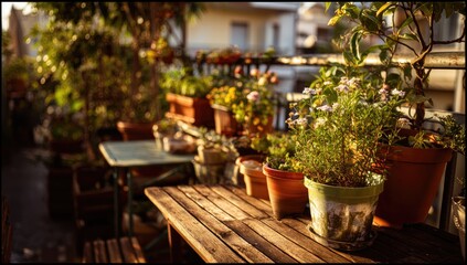 Sunny balcony garden with potted plants and wooden table