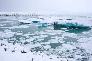 Aerial view of Jökulsárlón glacier lagoon in Iceland, one of the most visited tourist spots,...
