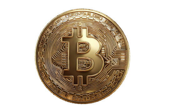 Gold Bitcoin coin, detailed design.  A highly detailed, gold-colored Bitcoin coin, centered on a black background.  The coin shows intricate, circuit-board-like patterns within the Bitcoin symbol