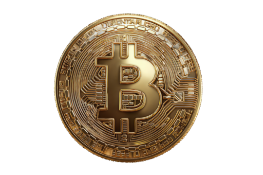 Gold Bitcoin coin, detailed design.  A highly detailed, gold-colored Bitcoin coin, centered on a black background.  The coin shows intricate, circuit-board-like patterns within the Bitcoin symbol