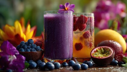 Two colorful smoothies in glasses surrounded by fresh fruits and flowers