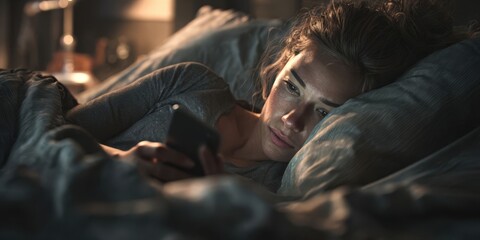 Fototapeta premium Woman with Diabetes Using Smartphone Relaxing in Bed at Home