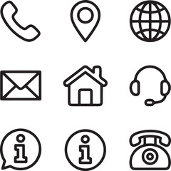 Flat Line Contact Icons Set  Clean Communication Symbols for Business, Support, Website, Email, Chat, Address, Phone, Global Use  Minimalist Vector Icon Collection