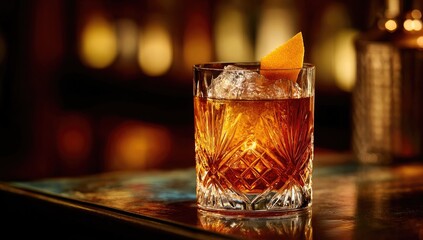 A rich, amber Old Fashioned cocktail in a crystal glass, garnished with orange peel, sits on a bar
