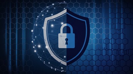 Secure digital shield with padlock symbol representing data protection and cybersecurity in a network