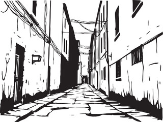 Gloomy urban alleyway, back streets. Hand drawn vector illustration