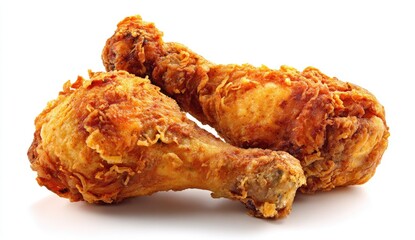 Two crispy fried chicken drumsticks, golden brown, isolated on white (1)