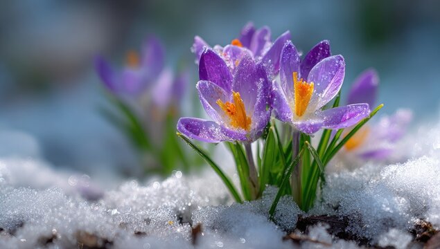 Purple crocuses in the snow. Close-up of vibrant purple crocus flowers emerging from a bed of fresh snow. Soft focus on background - Powered by Adobe