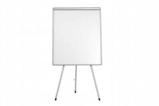 Blank whiteboard mounted on tripod, providing clean workspace for brainstorming, presentations, ready for graphic design overlay with transparent background