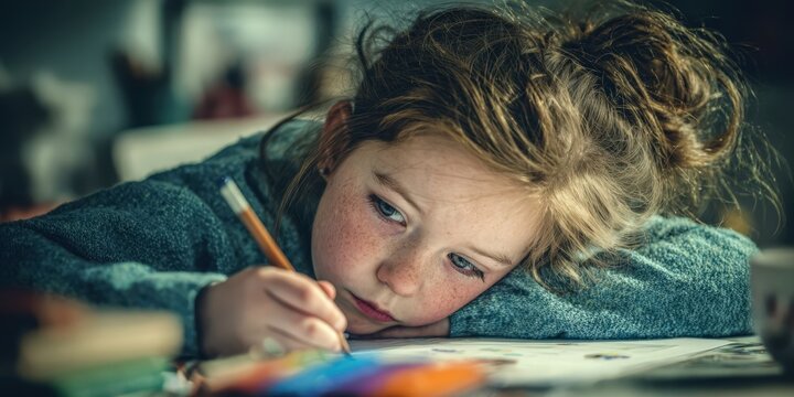 Young Girl Doing Homework Feeling Tired and Stressed