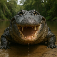 Fototapeta premium AI-Generated image of a big alligator by a river edge.