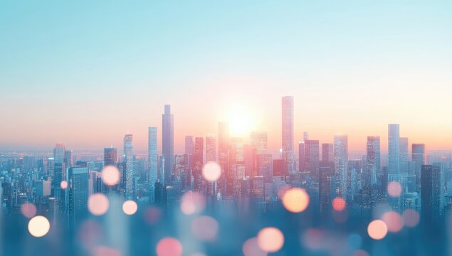 Blurred cityscape at sunrise, bokeh effect - Powered by Adobe