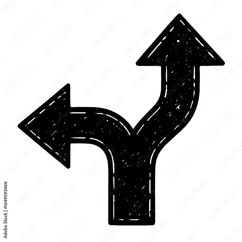Poster distressed fork in road vector - grunge black and white icon representing decision and multiple path
