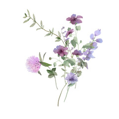 Watercolor floral illustration. Purple flower bouquet. Violet roses and lavender peonies – border, wreath, frame. Perfect for wedding stationery, greeting card