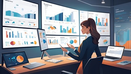 Professional using advanced KPI tracking tools and AI analytics to monitor sales growth, assess risks, and refine operational strategies in a corporate environment.
