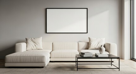 Modern living room interior with blank picture frame above stylish beige sofa and table