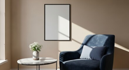Fototapeta premium Modern living room interior with cozy armchair, flowers, and blank art frame on wall
