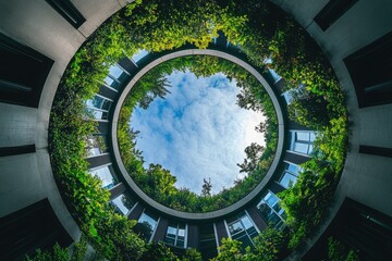Circular garden courtyard, looking up. Lush greenery fills a ring-shaped space surrounded by modern architecture, creating a verdant, airy interior courtyard