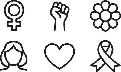 Feminism Icons Set Outline Style, Female Symbol, Fist, Flower, Woman, Heart, Ribbon on Transparent