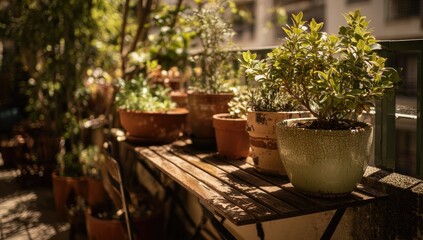 Sun-drenched balcony garden with terracotta pots and greenery