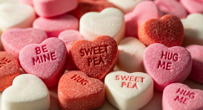 A close-up of a pile of pastel heart-shaped candies with short, affectionate words printed on them.