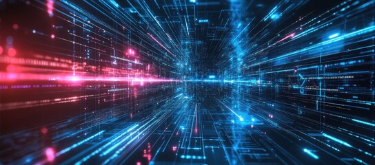 Abstract digital tunnel with vibrant neon lines and data streams
