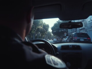 A person is sitting in the driver's seat of a police car with their back to the camera, looking at the road ahead in the daytime.