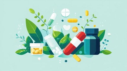 Colorful Illustration of Medicine and Plants in Harmony