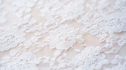 Extreme close-up: Intricate lace pattern on a wedding dress, isolated on a pure white background, soft focus, delicate