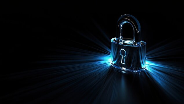 Crystal padlock, glowing blue rays