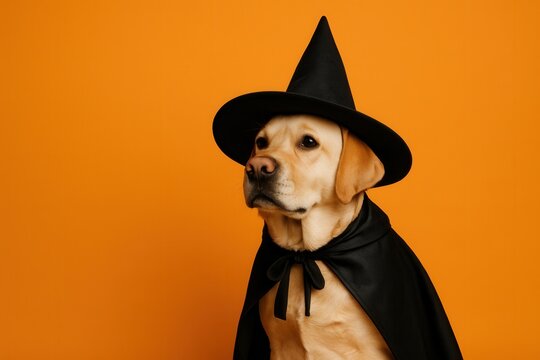 Halloween themed image of a yellow Labrador Retriever wearing a black witch hat and cape against a bright orange background in vertical format