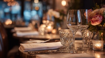 Elegant dining scene, featuring glasses, flowers, candles, and menus on a marble table