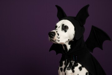 Halloween themed vertical image of a Dalmatian dog in a black bat costume featuring winged cape and hood with ears, posed against a purple background in studio lighting