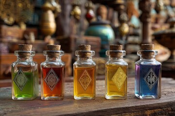 Display of mystical potions in elegant glass bottles, offering a colorful array of liquid elixirs, perfect for any alchemist's collection. Evoking mystery and enchantment.