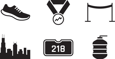 Marathon Race Icons Set Shoe Medal Finish Line Skyline Water Bottle Silhouette Vector