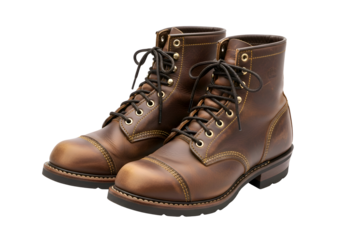 Pair of Brown Leather Work Boots with Black Laces and Brass Eyelets.