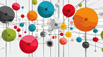 Colorful circles connected by lines in a complex network.