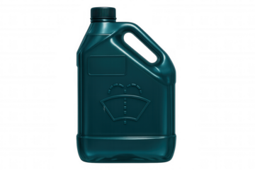 Green plastic jerry can with blank label and windshield washer fluid symbol, isolated on transparent background