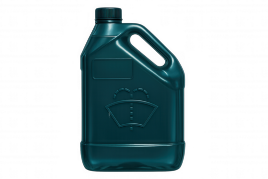 Green plastic jerry can with blank label and windshield washer fluid symbol, isolated on transparent background