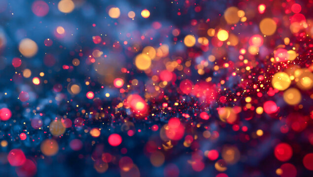 Red and gold particles of varying sizes, a bokeh background, a dark blue and black background, and red and yellow dots.