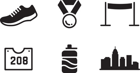 Marathon Running Icons Set Shoe, Medal, Finish Line, Bib Number, Bottle, and Skyline Vector