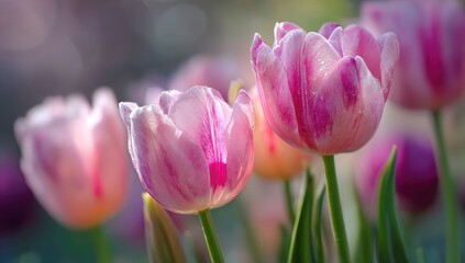 Fototapeta premium Close-up of pink and white tulips. Soft focus. Spring blossoms