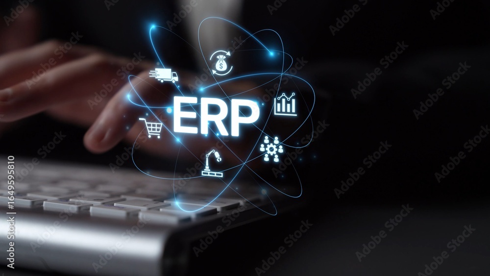 Poster erp platform visual showing centralized system for enterprise resource planning, improving integrati